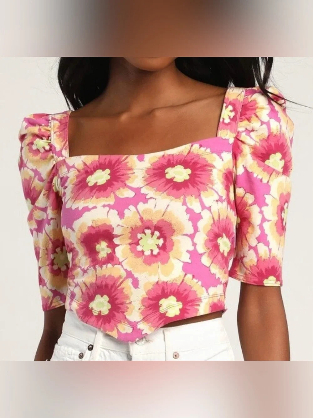 Free People Pink Watercolor Floral Square-Neck Puff Short Sleeve Blouse -Size XS